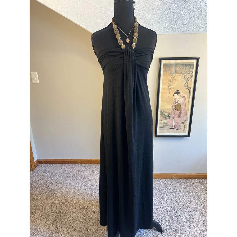 L8teR Halter Maxi Beaded Dress A-Line Women's S Black Boho Resort Empire Stretch
